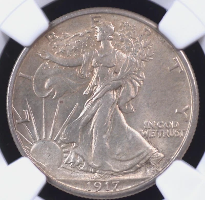 1917 WALKING LIBERTY MEIO DÓLAR NGC MS 63 BRILHANTE OFF WHITE COM UMA LUZ NEBULOSA - Imagem 1 de 3