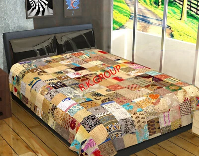 Manta india hecha a mano con retazos Boho Kantha colcha de seda vintage Foto 1 de 4