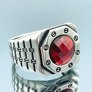 Men's Zircon Red Ruby Stone Ring 925 Sterling Silver Ring Turkish Handmade Gift