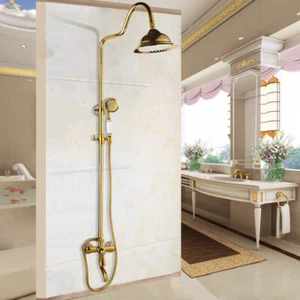 Gold Round Rainfall Shower Faucet Set Spout Mixer Tap Hand Shower Wall Mounted - Picture 1 of 8