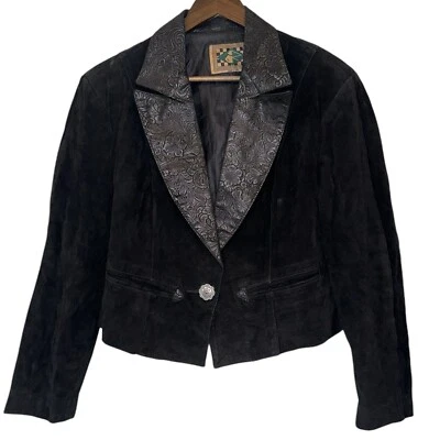 VTG 80s Rode Black Paisley Suede Leather Cropped Jacket Western Boho Biker Sz S - Image 1 of 4
