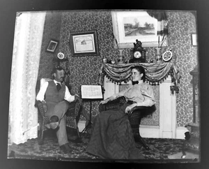 Antique Glass Plate Negative Photograph 4x5" Man Woman Victorian Sitting Parlor - Picture 1 of 2