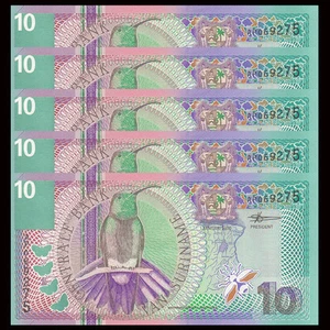 Suriname 10 Gulden, 2000, Pick#147, Lot of 5 pcs, UNC - Picture 1 of 2