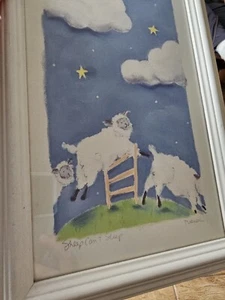 Dona Turner “Sheep Can’t Sleep” Framed Art, Nursery / Childs Room Counting Sheep - Picture 1 of 10
