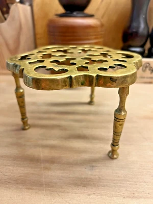 Vintage Solid Brass Trivet Gold Tone Teapot Kettle Stand | Rustic Footed - Image 1 of 4