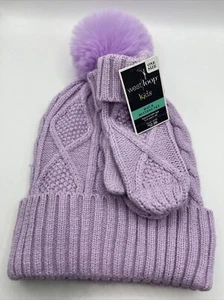 Faux Fur Pompom Hat Mittens Set Lot Purple West Loop Kid 4-8y/o Girl One Size - Picture 1 of 2