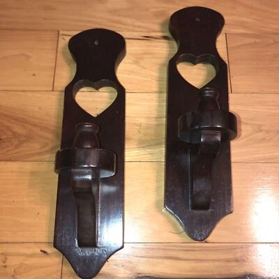 2 Vtg Dark Wood Wall Sconce Candle Holder Heart Cutout Country Farmhouse 16” - Image 1 of 3