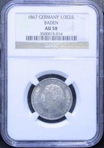 1867 1/2 Gulden German States BADEN NGC AU58 - Picture 1 of 4