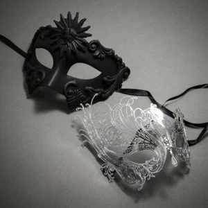 Black Greek Emperor & Silver Venetian Swan Party w/ Rhinestones Couple Masks - Picture 1 of 9