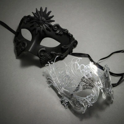 Black Greek Emperor & Silver Venetian Swan Party w/ Rhinestones Couple Masks - Image 1 of 4