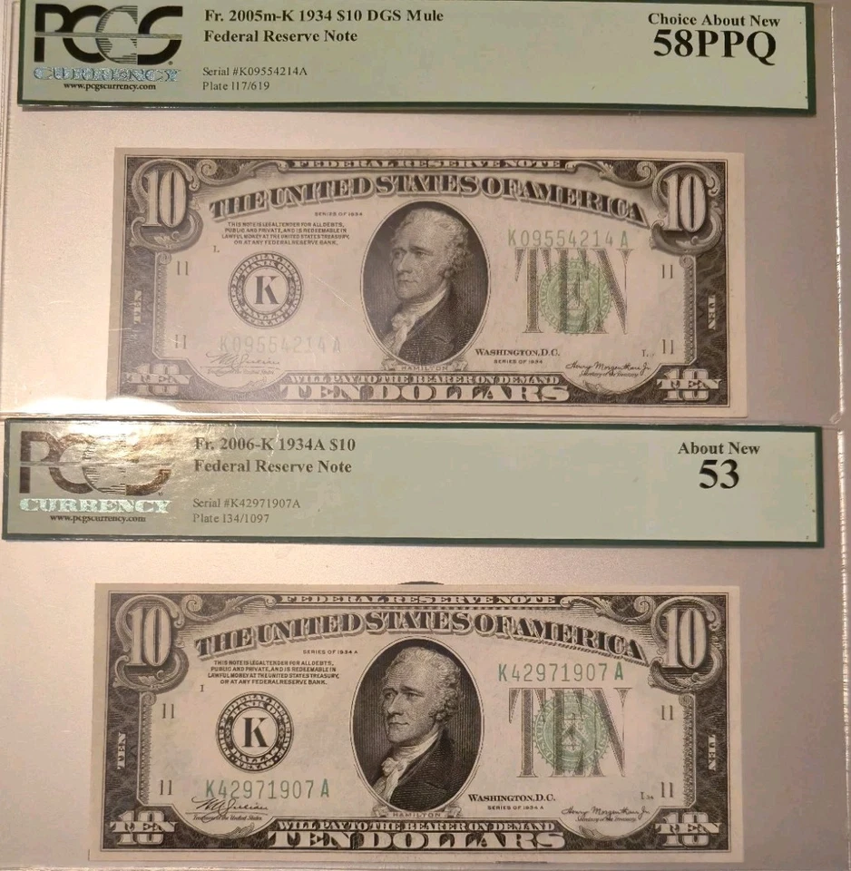 PCGS Dallas FRN $10 1934(M) DGS 58PPQ, 1934-A 53, 1934-B 58, 1934-C WIDE... - Image 1 of 4