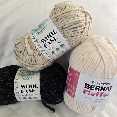 3 New Jumbo Yarn Skeins, Lion Brand Wool Ease, Yarnspirations Bernat Fluffee - Image 1 of 4