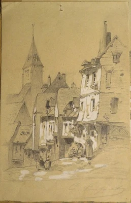 Ecole FRANCAISE XIX DESSIN CRAYON GOUACHE PAYSAGE VILLAGE ANIMÉ ROMANTISME 1840 - Photo 1/4