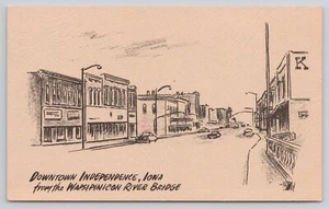 Downtown Independence Iowa IA from Wapsipinicon River Bridge Drawing Postcard - Picture 1 of 2