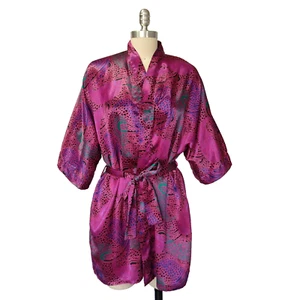 Vintage 90s Frederick's Of Hollywood Short Robe One Size Pink Print Kimono - Picture 1 of 10
