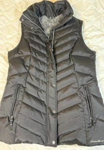 Eddie Bauer Womens XL Quilted Down Fur Lined Long Puffer Vest Black - Picture 1 of 11