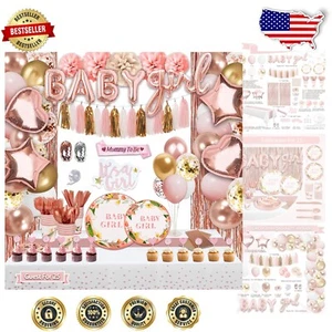 Complete 303-Pc Girl Baby Shower Decorations Set with Rose Gold Floral Elegance - Picture 1 of 9