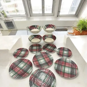 12 Pc TOMMY BAHAMA RED CHRISTMAS TARTAN PLAID MELAMINE SALAD DINNER PLATES BOWLS - Picture 1 of 19