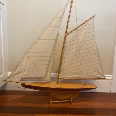 Vintage 1895 Cup Racer 36” Wooden Pond Yacht Model Sailboat wirh Stand - Image 1 of 3
