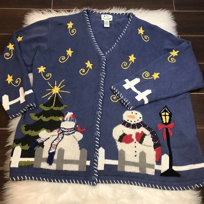 VTG Quacker Factory Snowman Cardigan Women's 2X Embroidered Blue Sweater Novelty - Image 1 of 4