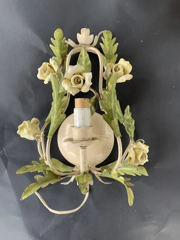 Vtg Toleware Wall Light Fixture Sconce Yellow Ceramic Rose Cover