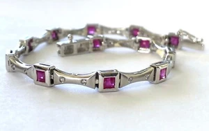 NOS 14K SP 585 Solid White Gold Diamond Ruby Ladies Classy Tennis Bracelet - Picture 1 of 12