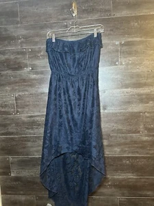 Trixxi Juniors Dress Blouson Navy Blue Lace Strapless Asymmetric Boho High-Low L - Picture 1 of 5