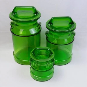 Juego de 3 latas de leche de vidrio texturizado verde LE Smith de colección con tapas - Imagen 1 de 23