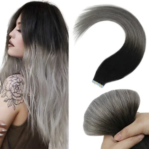 Tape in RealHuman Hair Extensions Skin Wefts Remy Hair Ombre Color Black to Gray - Picture 1 of 46