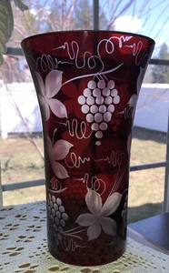 Vintage Egermann Czech Ruby Red Cut to Clear Floral Grapes 8" Vase Hard To Find - Picture 1 of 12