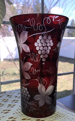 Vintage Egermann Czech Ruby Red Cut to Clear Floral Grapes 8" Vase Hard To Find - Image 1 of 4