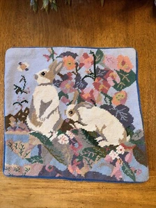 VTG Wool Needlepoint Pillow Cover Bunny Floral Blue Zipper Back 14.5” x 14” Flaw - Picture 1 of 12