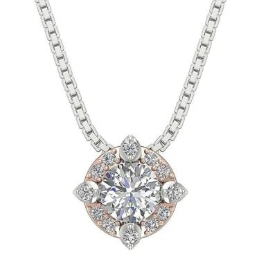 VS F 0.65Ct Lab Grown Round Diamond Halo Cluster Pendant Necklace 14K Solid Gold - Image 1 of 4