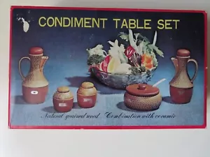 Juego de vinagre de aceite condimento cerámica retro vintage mediados de siglo madera con cerámica - Imagen 1 de 5