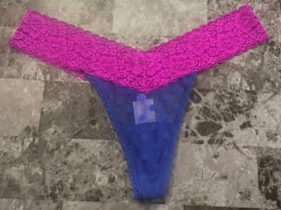 NWT VICTORIA'S SECRET PINK L BLUE POLKA DOT MESH FLORAL LACE RARE THONG PANTIES - Image 1 of 4