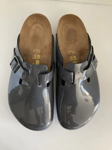 Birkenstock Boston Clogs 41 Gray Patent Leather Cork Footbed Slip-On Germany - Bild 1 von 16