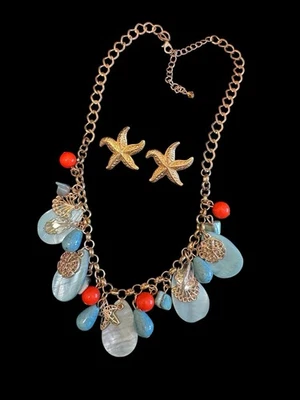 Conjunto de Pendientes Collar Imitación Turquesa Naranja Tono Dorado Estrella de Mar Playa Shell Trozo Foto 1 de 4