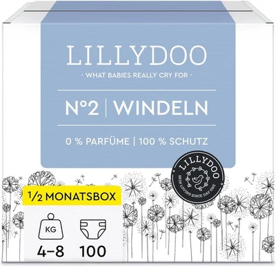 MARKE LILLYDOO hautfreundliche Windeln Größe 2 (4-8 kg), Halbmonatsbox (100 Windeln) (