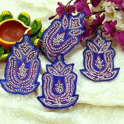 Indian Vintage Embroidered 4 Pcs Rare Appliques Blue Applique VERY OLD ANTIQUE - Image 1 of 4