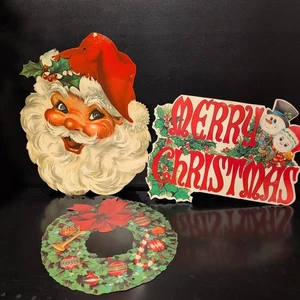 Vintage Christmas Die Cut Out Cutouts Decor Santa Wreath Snowman Lot 3 Fair Cond - Picture 1 of 14