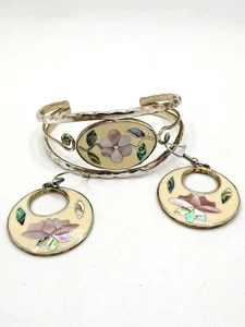 Conjunto de Pendientes Pulsera Vintage Alpaca México Incrustación Floral Abulón Tono Plata 6" - Imagen 1 de 9