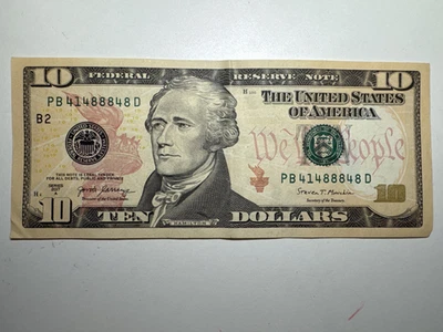 Rare $10 Dollar Bill Banknote Series 2017 A Fancy Serial Number Trinary 41488848 - Image 1 of 3