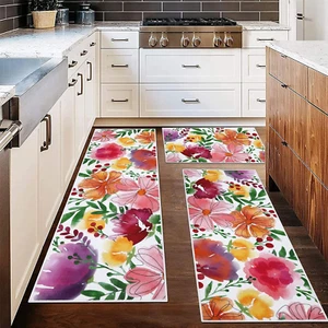 Floral Kitchen Rugs Sets Watercolor Flower Kitchen Floor Mat Non Skid Machine Wa - Picture 1 of 8