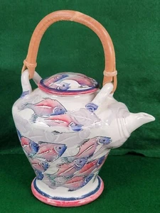 NAUSIKA RICHARDSON Santa Fe, NM Dixon Studio Pottery Teapot Fish Motif Glaze - Picture 1 of 12
