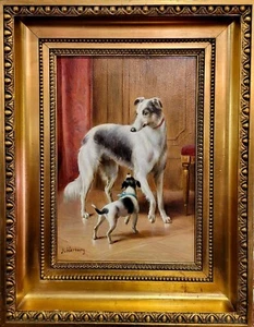 Carl Reichert -The Borzoi & the Jack Russell -19th century Oil painting - Picture 1 of 9