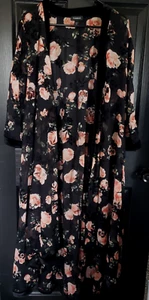 Women's Torrid boho semi sheer black pink floral Kimono duster hi-low size 1/2 - Picture 1 of 10