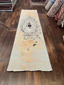 Fine Runner Genuine Hand Knotted Silk&wool Modern Area Rug Carpet 2’7x10’1”,113 - Picture 1 of 12