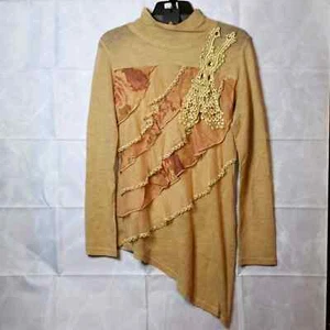 Radzoli Boutique Sheer Ruffled Lace Peacock Tunic Top Blouse Wearable Art M Tan - Picture 1 of 7