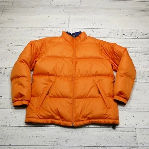 LL Bean Goose Down Jacket Womens Medium Orange Blue Reversible Nuptse Puffer - Picture 1 of 8