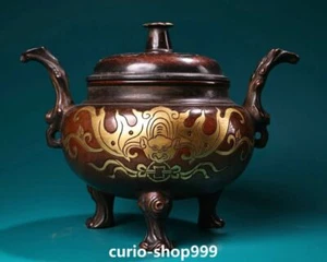 7.8" Old Xuande Dynasty Purple Bronze 24K Gold Bat Animal Incense Burner Censer - Picture 1 of 9